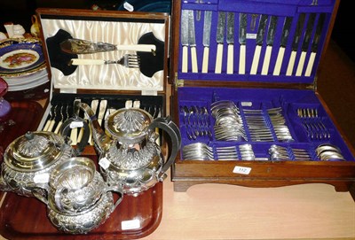Lot 112 - Four piece plated tea and coffee set and two cased sets of cutlery
