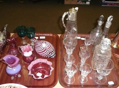 Lot 113 - Two trays of glass including a Nailsea type gimmel flask, cranberry cream jug and sugar basin,...