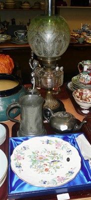 Lot 118 - A Victorian oil lamp with chimney and shade, a pewter quart mug and a teapot and a boxed...