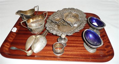 Lot 125 - Pair of silver salts, assorted spoons and embossed ware and a box of plated ware