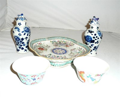Lot 149 - Pair of Chinese vases (with four marks), Chinese dish and two Chinese bowls