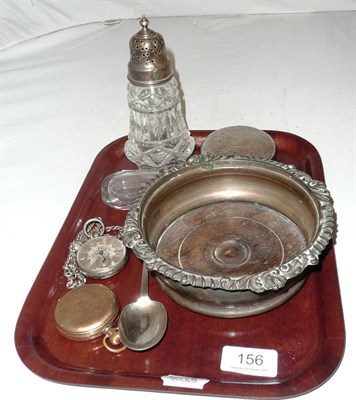 Lot 156 - Circular silver snuff box, silver spoon, silver-topped bottle, silver and cut glass sugar...