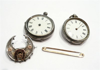 Lot 180 - Two silver fob watches, silver crescent-shaped brooch and another brooch