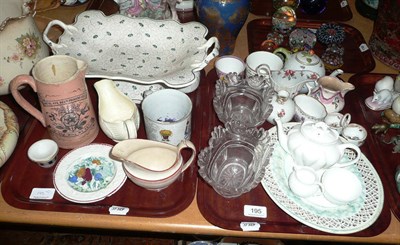 Lot 195 - Two trays including a pair of cut glass liners, creamware, pearlware, etc