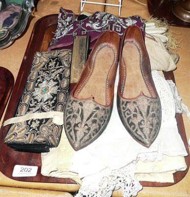 Lot 202 - Textiles including pair of slippers, beadwork, etc