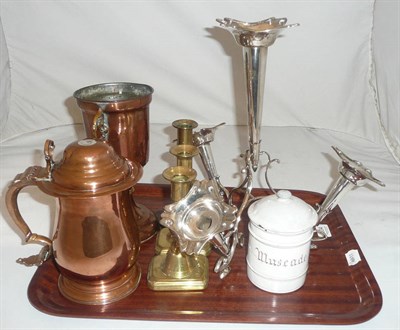 Lot 204 - Silver-plate centrepiece, copper baluster tankard, three brass candlesticks and a copper trophy...