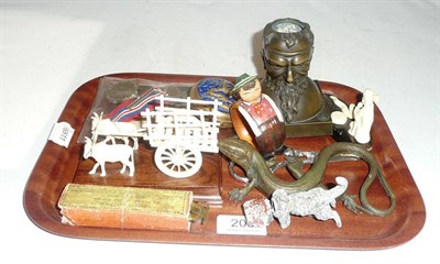 Lot 205 - Tray including a bronze lizard, inkwell, guinea scales, Lusitania model, etc