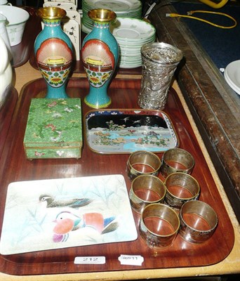 Lot 212 - Japanese cloisonne enamel dish, a pair of cloisonne enamel vases, box and cover, fish dish and...