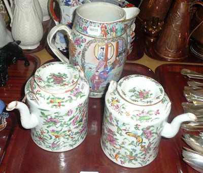 Lot 217 - Chinese famille rose cider jug and two Cantonese wine kettles