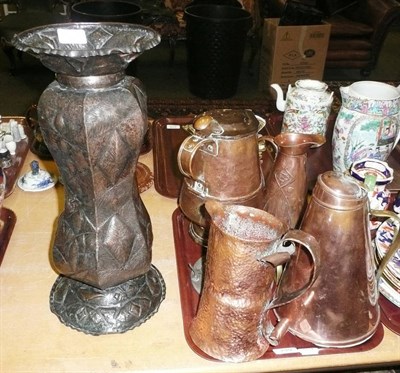 Lot 219 - Art Nouveau copper jug, chamber sticks, vases, etc