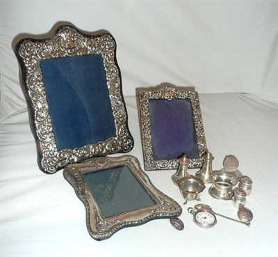 Lot 220 - Three silver photograph frames, silver condiments, etc
