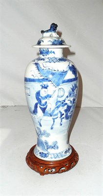 Lot 221 - Chinese blue and white vase and cover with hardwood stand