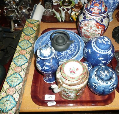 Lot 224 - Tray of Oriental porcelain including Imari vase and cover, Cantonese wine pot, scroll painting...