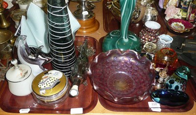 Lot 228 - Two trays of decorative glass including handkerchief vase, fish, Ditchfield paperweights, etc