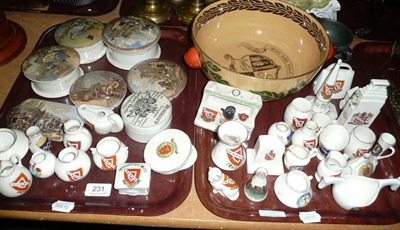 Lot 231 - Seven pot lids, a quantity of crested china including local interest and two bowls on two trays