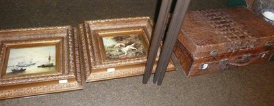 Lot 236 - Crocodile skin case and two modern oils (3)