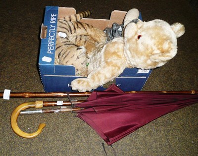 Lot 240 - Teddy bear, toy tiger, a quantity of marbles, a silver-handled umbrella, a horn-handled walking...
