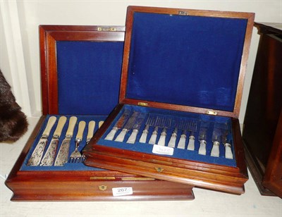 Lot 267 - A set of eighteen pairs of fish knives and forks in a mahogany case, a set of six pairs of...