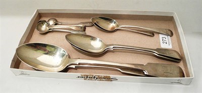 Lot 273 - A William IV silver fiddle pattern basting spoon and tablespoon London 1834; two silver tablespoons