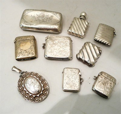 Lot 280 - Five silver vesta cases, a plated vesta case, a silver cigarette case, a silver scent bottle...