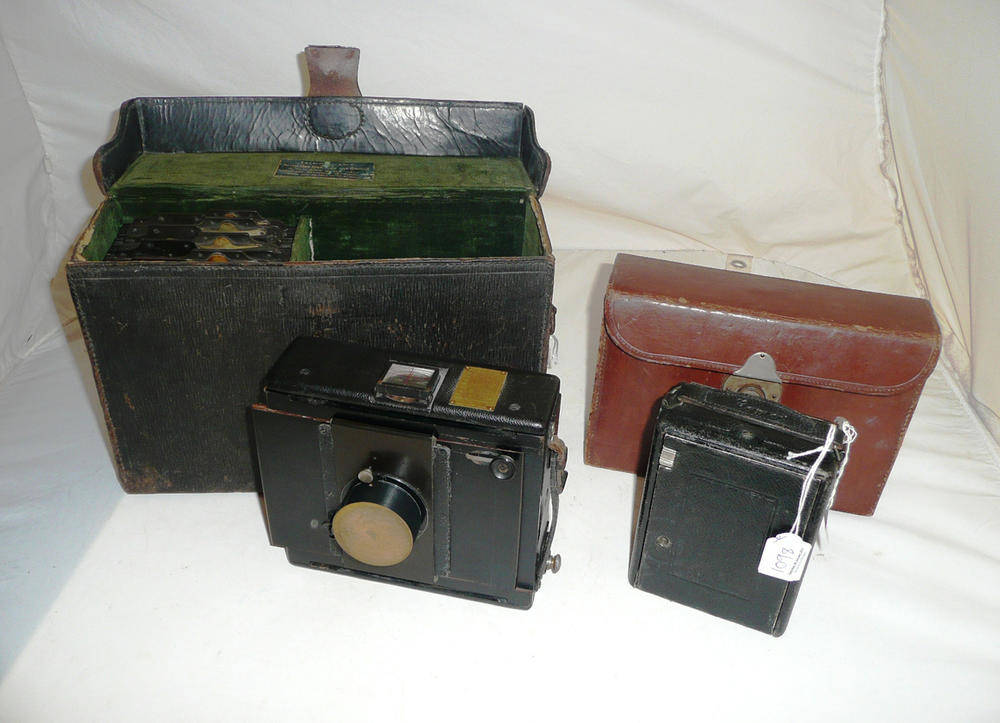 Lot 1098 - Two Folding Plate Camera Outfits:- Goertz Anschutz strut type folding press camera, with...