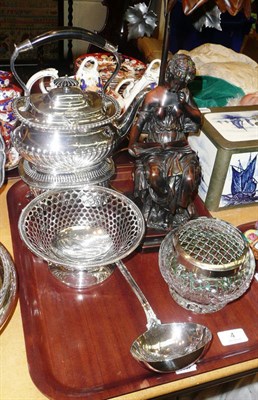 Lot 4 - An electroplated kettle on stand, a plated ladle, a figural lamp etc
