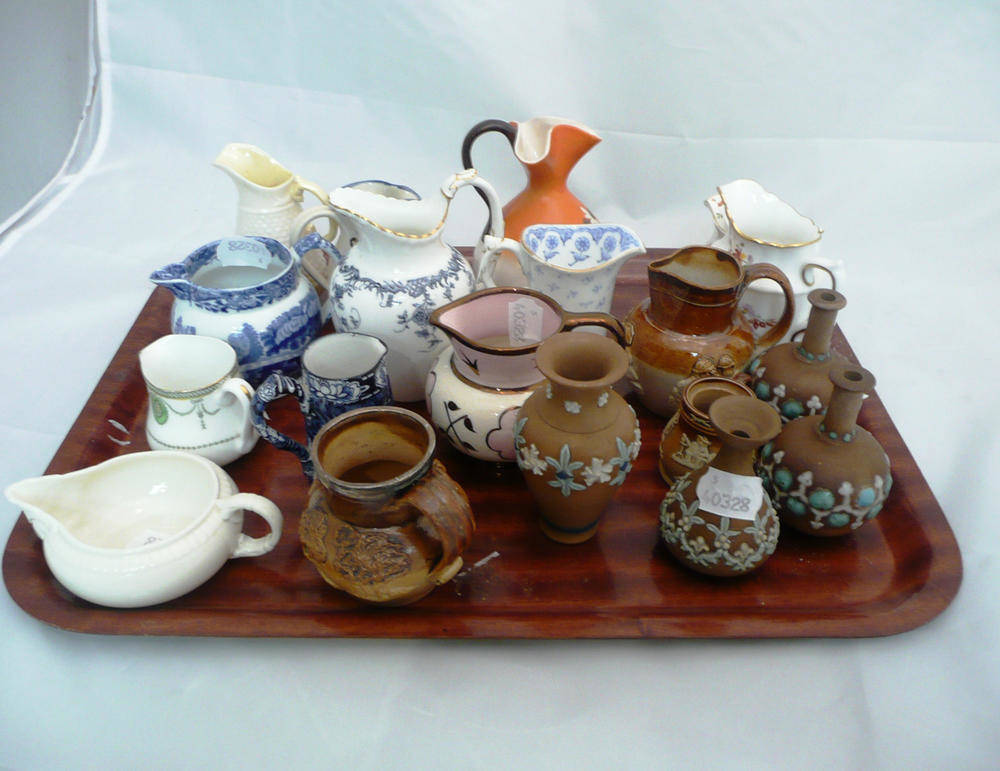 Lot 28 - Two Derby small jugs, ten small jugs, three Doulton stoneware pieces and four Doulton 'Silicon'...
