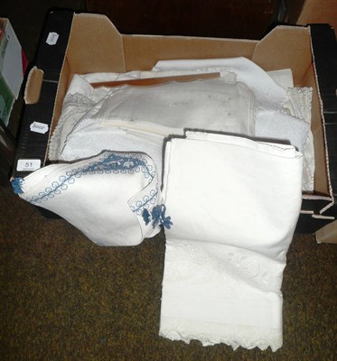 Lot 51 - Two white linen and embroidered cloths, napkins, embroidered textiles etc (one box)