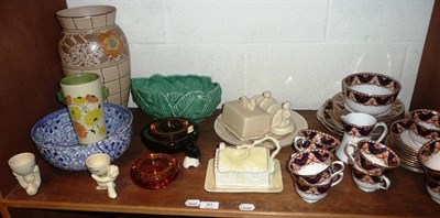 Lot 91 - Belleek butter dish modelled as a house, Charlotte Rhead pottery vase, glass dishes, Lurpak...