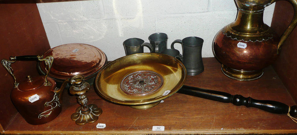 Lot 92 - A brass and electrotype tazza, a copper warming pan, a copper ewer, an Art Nouveau copper...