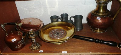 Lot 92 - A brass and electrotype tazza, a copper warming pan, a copper ewer, an Art Nouveau copper...
