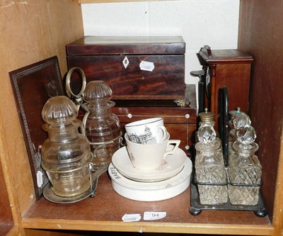 Lot 94 - Shelf of ornamentals including two 19th century sewing boxes, mantel clock, pewter hot water...