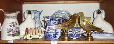 Lot 95 - A blue and white cucumber dish (a.f.), a pair of Staffordshire dogs, a caravan biscuit barrel,...