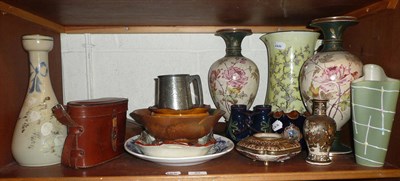 Lot 97 - A shelf of ceramics and ornamental items including a Japanese Satsuma pot pourri vase and a...