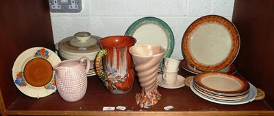 Lot 99 - Collection of Clarice Cliff pottery plates, part dinner service, pottery jugs etc