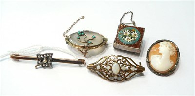 Lot 112 - A diamond and pearl leaf brooch, a micro mosaic and goldstone brooch, a cameo brooch and two...