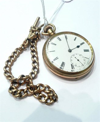 Lot 117 - A gold plated pocket watch and a yellow metal chain with T bar stamped '9c'