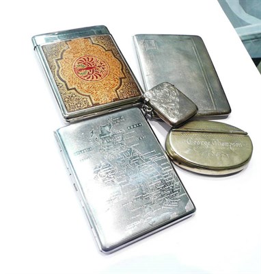 Lot 131 - Silver cigarette case, silver vesta case, two cigarette cases and a snuff box