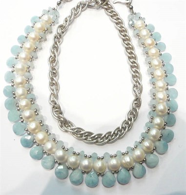 Lot 136 - A cultured pearl and aquamarine necklace and a silver chain