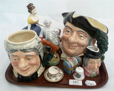 Lot 161 - A tray of decorative ceramics including a Royal Doulton large character jug 'Mine Host', a...