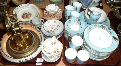Lot 162 - Two trays of assorted china including blue ground coffee set, brass clock under dome,...