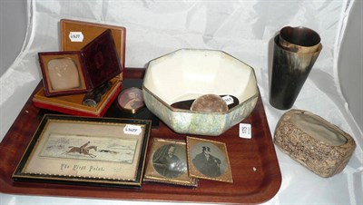 Lot 175 - A Victorian daguerreotype, three ambrotypes, two horn beakers, a Meerschaum cheroot holder, two...