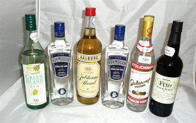 Lot 180 - Two bottles of Plymouth Gin and four other bottles of spirits