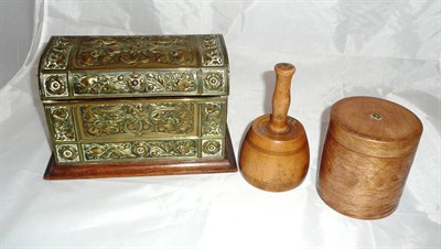 Lot 183 - An Art Nouveau oak and brass stationery casket, a string box and a mallet (3)