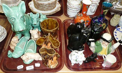 Lot 188 - Two trays of decorative ceramics including Sylvac dogs, Toby teapot, Hornsea posy vases, figures of
