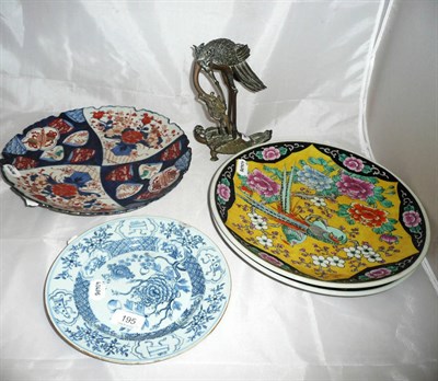 Lot 195 - A Japanese Imari small charger, a pair of Chinese yellow ground small chargers, a Chinese blue...