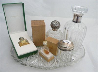 Lot 205 - Glass dressing table tray, glass decanter, stopper with silver collar, silver mounted scent bottle