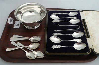 Lot 219 - A set of six silver teaspoons, silver sugar basin and a cased set of six silver teaspoons and tongs