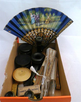 Lot 221 - A faux mother of pearl fan with paper leaf; four other fans, five powder compacts, a pair of...