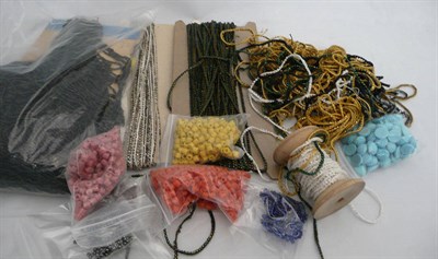 Lot 222 - Box including assorted beads, beaded trimmings, fabric remnants etc